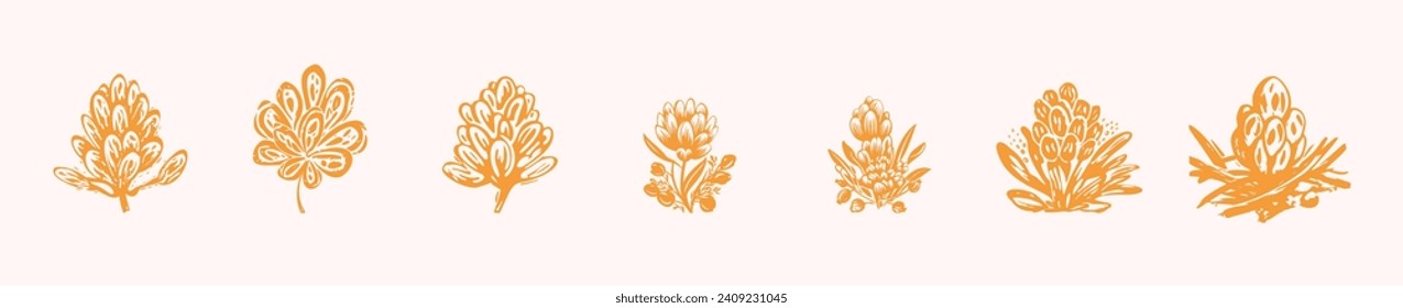 Block print rustic floral folkart isolated vector motif collection for linocut natural design. Shabby chic set of icon of botanical element in bold scandi style. 