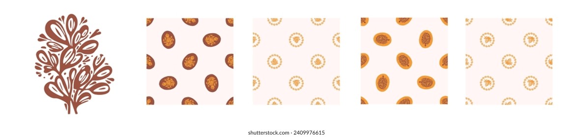 Block print rustic floral folkart motif and patten set. Vector quirky linocut leaf and scandi whimsical woodland design collection. Naive nature sprig folkart. 