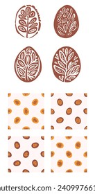 Block print rustic floral folkart motif and patten set. Vector quirky linocut leaf and scandi whimsical woodland design collection. Naive nature sprig folkart. 