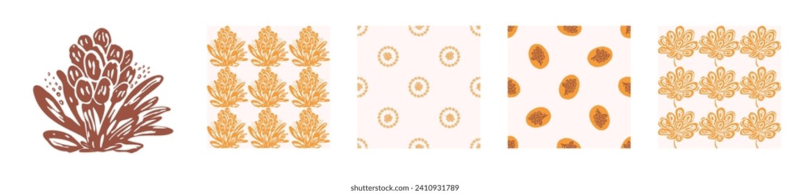 Block print rustic floral folkart motif and patten set. Vector quirky linocut leaf and scandi whimsical woodland design collection. Naive nature sprig folkart. 