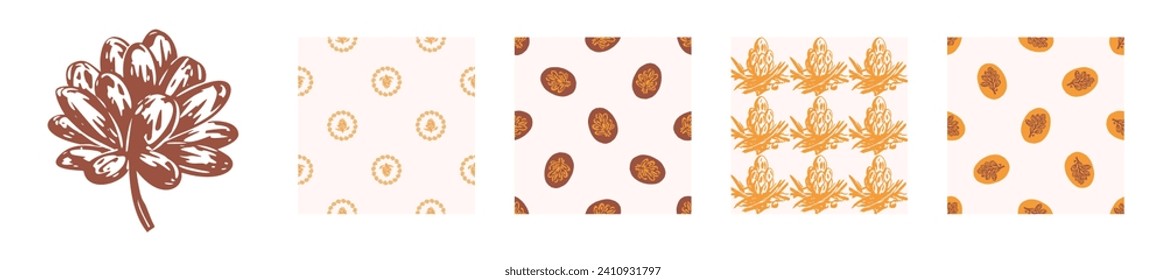 Block print rustic floral folkart motif and patten set. Vector quirky linocut leaf and scandi whimsical woodland design collection. Naive nature sprig folkart. 