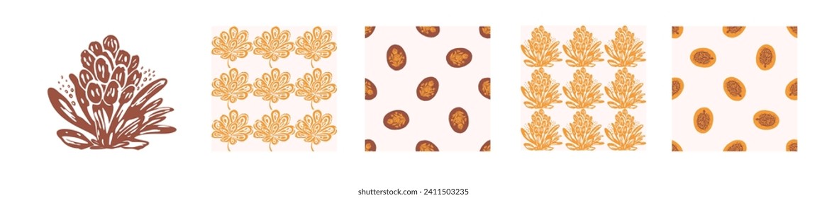 Block print rustic floral folkart motif and patten set. Vector quirky linocut leaf and scandi whimsical woodland design collection. Naive nature sprig folkart. 