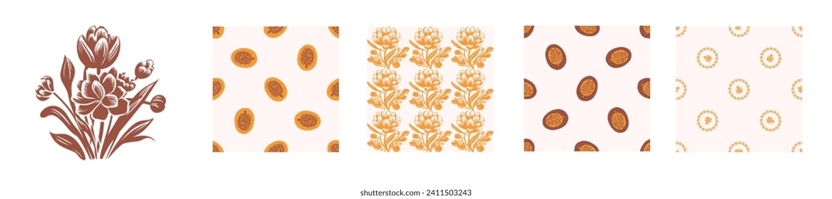 Block print rustic floral folkart motif and patten set. Vector quirky linocut leaf and scandi whimsical woodland design collection. Naive nature sprig folkart. 