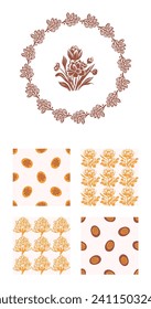 Block print rustic floral folkart motif and patten set. Vector quirky linocut leaf and scandi whimsical woodland design collection. Naive nature sprig folkart. 