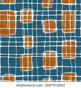 Block print of squares and barrel shapes. on linen fabric print pattern, cotton, silk, vector illustration, doodle summer, kids and baby designs for print fabric.