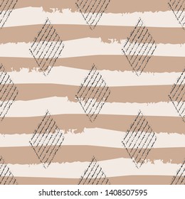 Block print style black diamond geometric design with grunge stripes.Seamless vector pattern on eco paper colour background. Perfect for organic, eco, wellness, cosmetic products, fabric, stationery