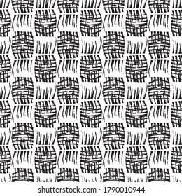 Block print style woven rectangles seamless pattern background. Backdrop of grunge style textile black burlap weave shapes. Mid century black and white geometric design. Dense cloth fragment repeat.