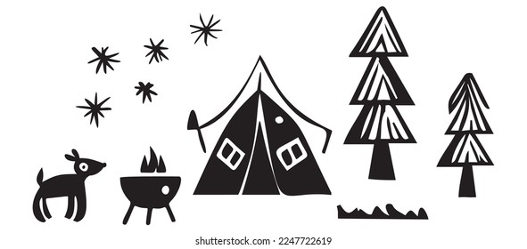 Block print vector campsite scene. Scandi folkart camping travel illustration. 