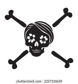 Block print vector skull and crossbones illustration. Macabre skeleton tattoo style low brow icon. 