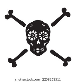 Block print vector skull and crossbones illustration. Macabre skeleton tattoo style low brow icon. 