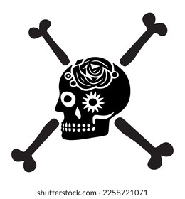 Block print vector skull and crossbones illustration. Macabre skeleton tattoo style low brow icon. 