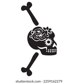 Block print vector skull and crossbones illustration. Macabre skeleton tattoo style low brow icon. 