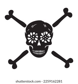 Block print vector skull and crossbones illustration. Macabre skeleton tattoo style low brow icon. 