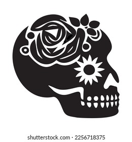 Block print vector skull isolated illustration. Macabre skeleton tattoo style low brow icon. 