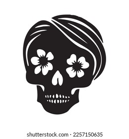 Block print vector skull isolated illustration. Macabre skeleton tattoo style low brow icon. 