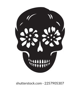 Block print vector skull isolated illustration. Macabre skeleton tattoo style low brow icon. 