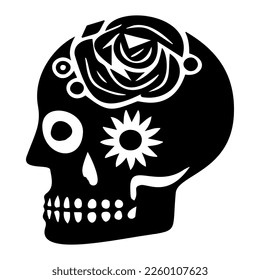 Block print vector skull isolated illustration. Macabre skeleton tattoo style low brow icon. 