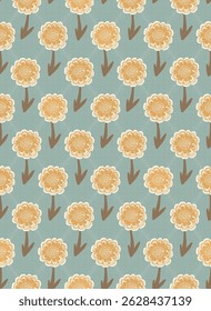 Block printed irregular muted boho sand yellow flowers on hand drawn textured grey blue