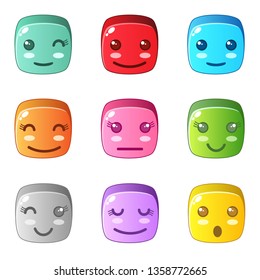 Block Puzzle Cube any emotion. Colorful match 3 button style candy. 2d asset for user interface GUI in mobile application game. Vector for web or game design. Decorative GUI elements, Cartoon icon set