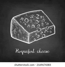 Block of Roquefort cheese. Chalk sketch on blackboard background. Hand drawn vector illustration. Vintage style stroke drawing.
