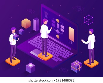 Block scheme creation or modular software development. Human study blockchain, tree diagram. Flat abstract metaphor cartoon vector illustration concept design online banner on violet background.