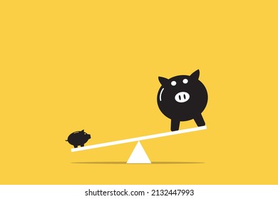 block seesaw on yellow background with a small piggy bank overweighing a large one. Long-term value. True worth. Wealth comparison