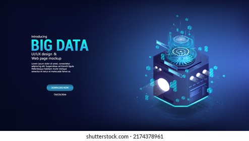 Block of servers, remote cloud storage for processing or storing large amounts of data. 3d isometric illustration with the concept of sorting big data on a remote server. 3d cloud storage. Vector bann