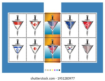 Block, set of stamps with perforation. Triangular metal flags and swords. Symbols of the US, GB, EU, Turkey, Poland, Korea, Canada etc.