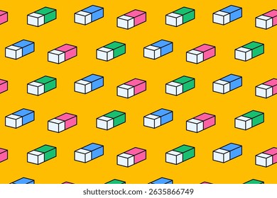 block shaped eraser school stationery colorful seamless pattern on yellow background. eraser rubber with rectangle shape doodle decoration pattern background kids, school, college, science