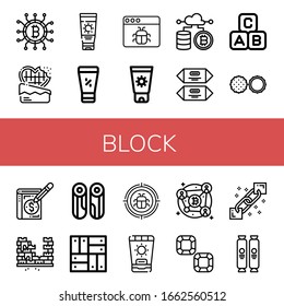 bloque simple iconos conjunto. Contiene iconos como Cryptocurrency, Chocolate, Sun lotion, Sunscreen, Malware, Abc block, Ledger, Brick, Wood, que se pueden utilizar para web, móvil y logotipo