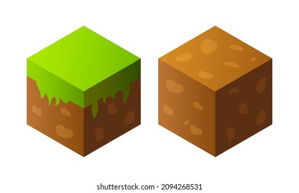 Block of soil and grass. Vector element for game design. Сube isolated on white background. Set of Game Platforms. Items for Games.