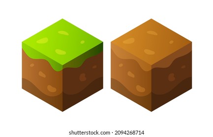 Block of soil and grass. Vector element for game design. Сube isolated on white background. Set of Game Platforms. Items for Games.
