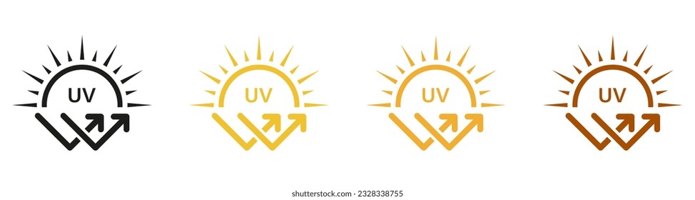 Block Solar Radiation and Ultraviolet Rays Symbol Collection. Sunblock Cream Label. Skin Protect, Danger UV Sunlight Pictogram. Sunscreen Lotion, SPF Protection Icon Set. Isolated Vector Illustration.