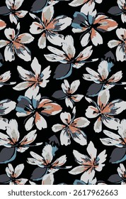 Block solid vector textile design, arrangement with big abstract hibiscus flower, all-over seamless pattern with black and orange tone color illustration, digital image printing factory