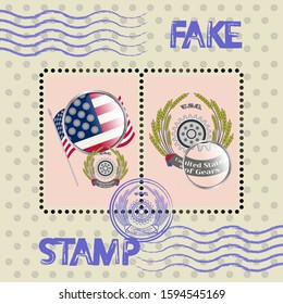 Block stamps with dummy flag and emblem with magnifying glass EPS10