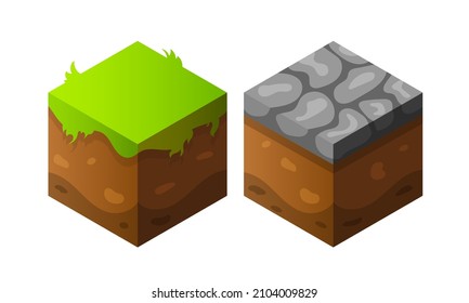 Block of stone and grass. Vector element for game design. Сube isolated on white background. Set of Game Platforms. Items for Games.	