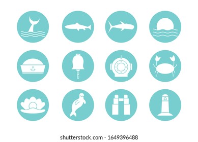 block style icon set design Sea life ecosystem fauna ocean underwater water nature marine tropical theme Vector illustration