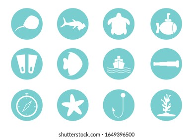 block style icon set design Sea life ecosystem fauna ocean underwater water nature marine tropical theme Vector illustration