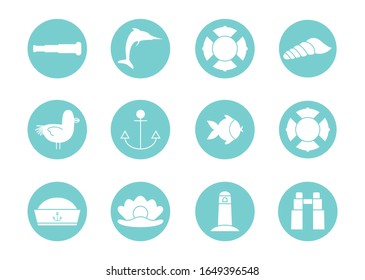 block style icon set design Sea life ecosystem fauna ocean underwater water nature marine tropical theme Vector illustration