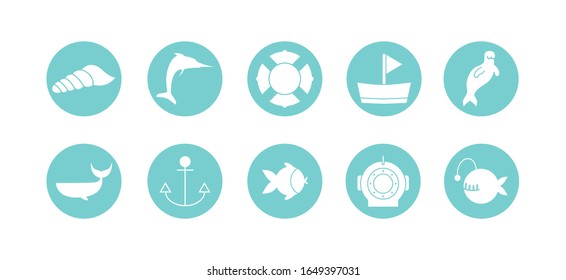block style icon set design Sea life ecosystem fauna ocean underwater water nature marine tropical theme Vector illustration
