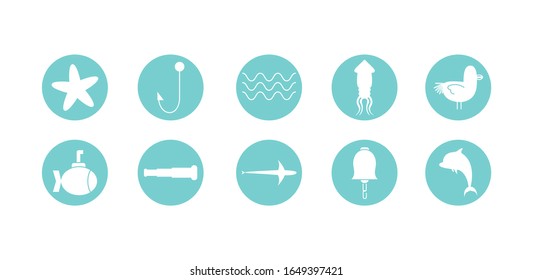 block style icon set design Sea life ecosystem fauna ocean underwater water nature marine tropical theme Vector illustration