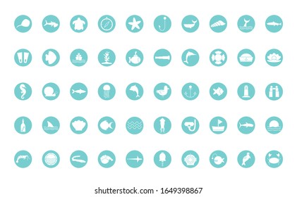 block style icon set design Sea life ecosystem fauna ocean underwater water nature marine tropical theme Vector illustration