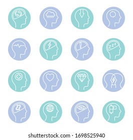 block style icon set design, Mental health mind science intelligence idea medical and education theme Vector illustration