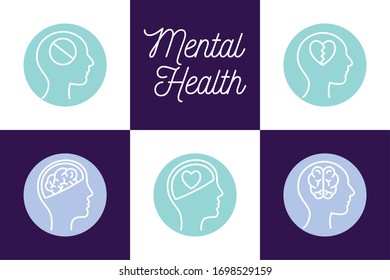 block style icon set design, Mental health mind science intelligence idea medical and education theme Vector illustration
