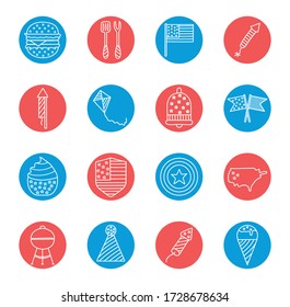 block style icon set design, Independence day united states and national theme Vector illustration