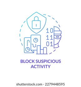 Bloquear el icono de concepto de gradiente azul de actividad sospechosa. Evitar el hackeo de datos. Evitar el phishing y el malware abstract idea ilustración de línea delgada. Dibujo de contorno aislado. Se usa una fuente Myriad Pro-Bold