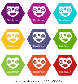 Block tandem icons 9 set coloful isolated on white for web