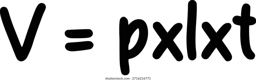 Ilustración de fórmula de volumen de bloque que representa el cálculo de geometría tridimensional, la educación matemática, el concepto de medición espacial y el material de aprendizaje en estilo escrito a mano.