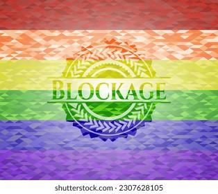 Blockageemblem auf mosaikem Hintergrund mit den Farben der LGBT-Flagge. 