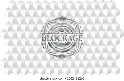 Blockage grey badge with geometric cube white background